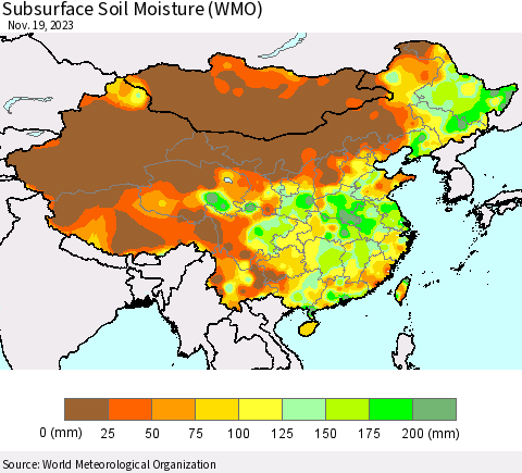 China, Mongolia and Taiwan Subsurface Soil Moisture (WMO) Thematic Map For 11/13/2023 - 11/19/2023