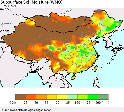 China, Mongolia and Taiwan Subsurface Soil Moisture (WMO) Thematic Map For 11/27/2023 - 12/3/2023