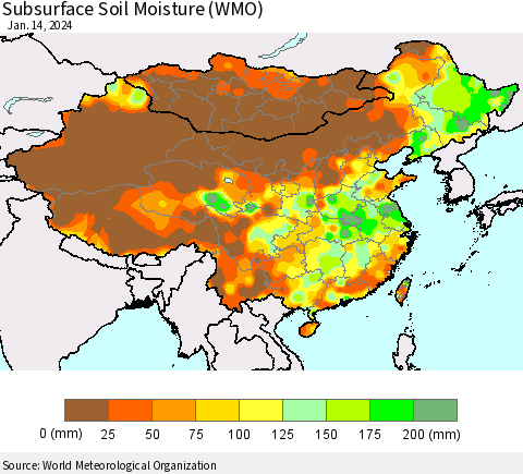 China, Mongolia and Taiwan Subsurface Soil Moisture (WMO) Thematic Map For 1/8/2024 - 1/14/2024