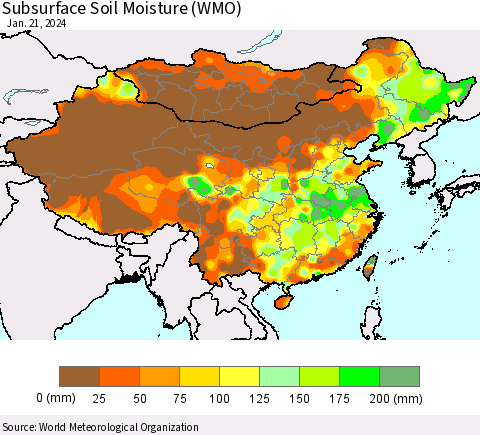 China, Mongolia and Taiwan Subsurface Soil Moisture (WMO) Thematic Map For 1/15/2024 - 1/21/2024