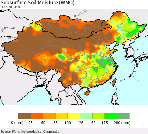 China, Mongolia and Taiwan Subsurface Soil Moisture (WMO) Thematic Map For 2/12/2024 - 2/18/2024