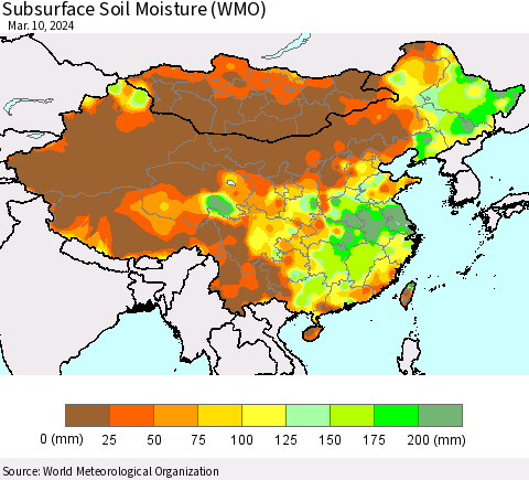 China, Mongolia and Taiwan Subsurface Soil Moisture (WMO) Thematic Map For 3/4/2024 - 3/10/2024