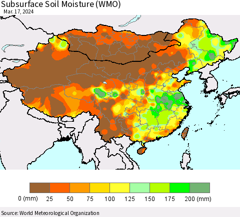 China, Mongolia and Taiwan Subsurface Soil Moisture (WMO) Thematic Map For 3/11/2024 - 3/17/2024