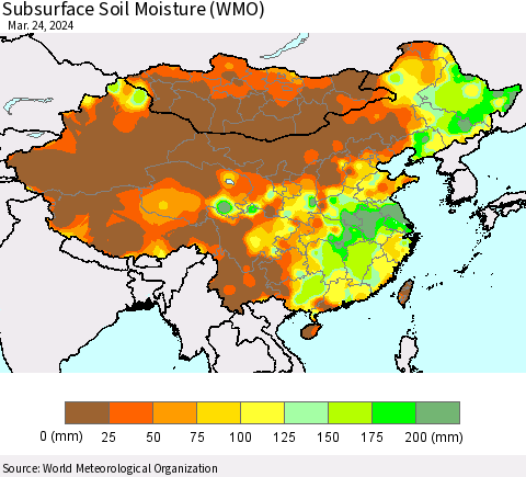 China, Mongolia and Taiwan Subsurface Soil Moisture (WMO) Thematic Map For 3/18/2024 - 3/24/2024