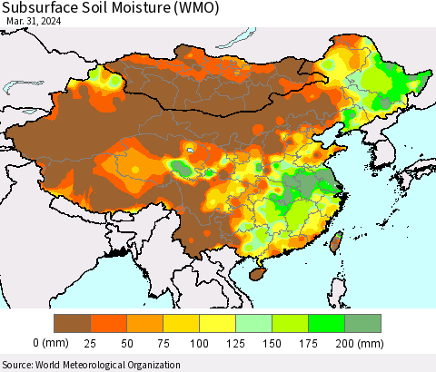 China, Mongolia and Taiwan Subsurface Soil Moisture (WMO) Thematic Map For 3/25/2024 - 3/31/2024