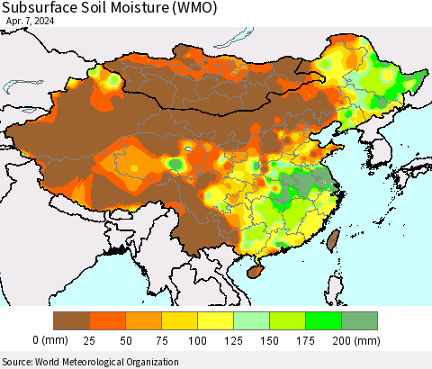 China, Mongolia and Taiwan Subsurface Soil Moisture (WMO) Thematic Map For 4/1/2024 - 4/7/2024