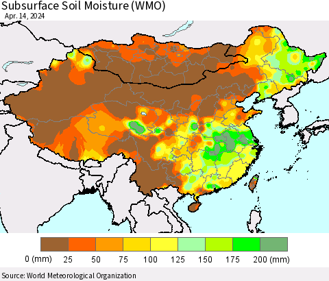 China, Mongolia and Taiwan Subsurface Soil Moisture (WMO) Thematic Map For 4/8/2024 - 4/14/2024