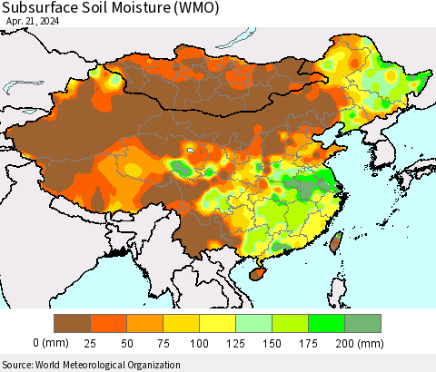 China, Mongolia and Taiwan Subsurface Soil Moisture (WMO) Thematic Map For 4/15/2024 - 4/21/2024