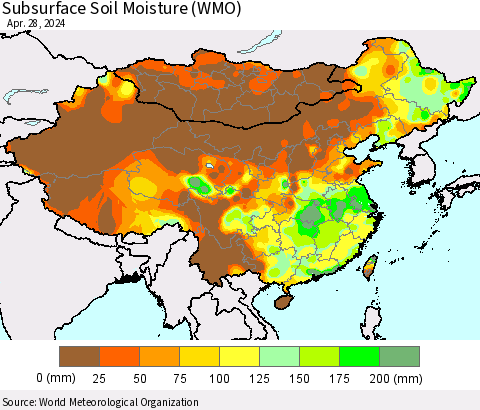China, Mongolia and Taiwan Subsurface Soil Moisture (WMO) Thematic Map For 4/22/2024 - 4/28/2024