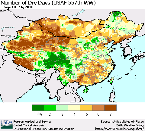 China and Taiwan Number of Dry Days (USAF 557th WW) Thematic Map For 9/10/2018 - 9/16/2018