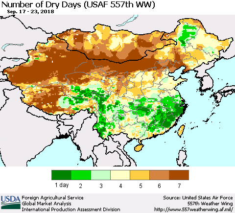 China and Taiwan Number of Dry Days (USAF 557th WW) Thematic Map For 9/17/2018 - 9/23/2018