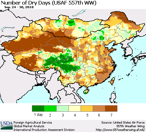 China and Taiwan Number of Dry Days (USAF 557th WW) Thematic Map For 9/24/2018 - 9/30/2018