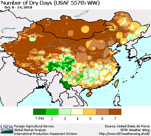 China and Taiwan Number of Dry Days (USAF 557th WW) Thematic Map For 10/8/2018 - 10/14/2018