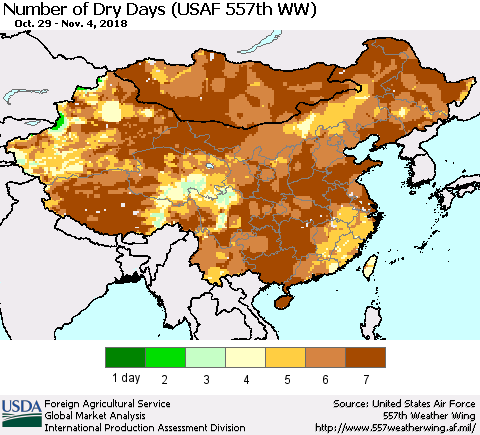 China and Taiwan Number of Dry Days (USAF 557th WW) Thematic Map For 10/29/2018 - 11/4/2018