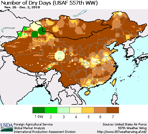 China and Taiwan Number of Dry Days (USAF 557th WW) Thematic Map For 11/26/2018 - 12/2/2018