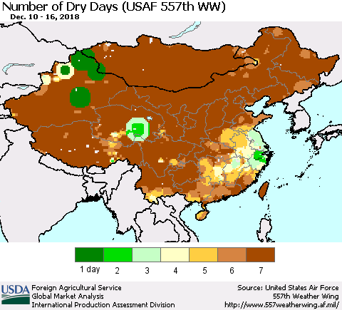 China and Taiwan Number of Dry Days (USAF 557th WW) Thematic Map For 12/10/2018 - 12/16/2018