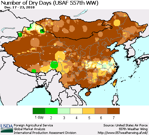 China and Taiwan Number of Dry Days (USAF 557th WW) Thematic Map For 12/17/2018 - 12/23/2018