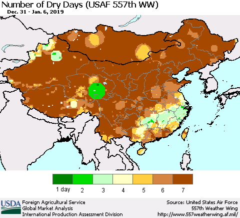 China and Taiwan Number of Dry Days (USAF 557th WW) Thematic Map For 12/31/2018 - 1/6/2019