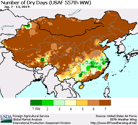 China and Taiwan Number of Dry Days (USAF 557th WW) Thematic Map For 1/7/2019 - 1/13/2019