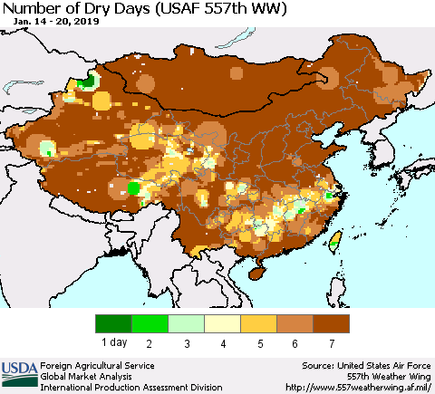 China and Taiwan Number of Dry Days (USAF 557th WW) Thematic Map For 1/14/2019 - 1/20/2019