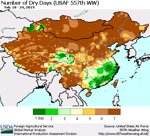China and Taiwan Number of Dry Days (USAF 557th WW) Thematic Map For 2/18/2019 - 2/24/2019