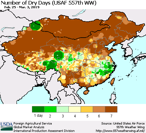China and Taiwan Number of Dry Days (USAF 557th WW) Thematic Map For 2/25/2019 - 3/3/2019