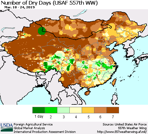 China and Taiwan Number of Dry Days (USAF 557th WW) Thematic Map For 3/18/2019 - 3/24/2019
