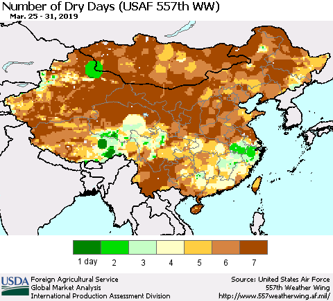China and Taiwan Number of Dry Days (USAF 557th WW) Thematic Map For 3/25/2019 - 3/31/2019