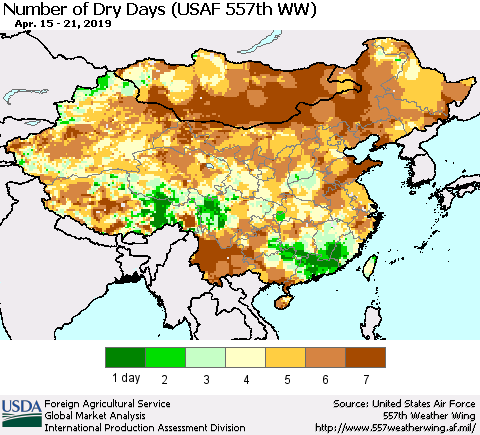 China and Taiwan Number of Dry Days (USAF 557th WW) Thematic Map For 4/15/2019 - 4/21/2019