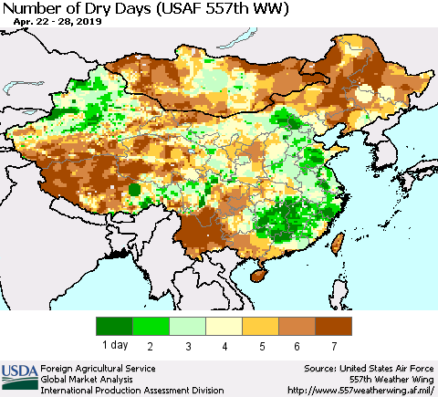 China and Taiwan Number of Dry Days (USAF 557th WW) Thematic Map For 4/22/2019 - 4/28/2019