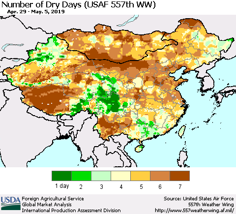 China and Taiwan Number of Dry Days (USAF 557th WW) Thematic Map For 4/29/2019 - 5/5/2019
