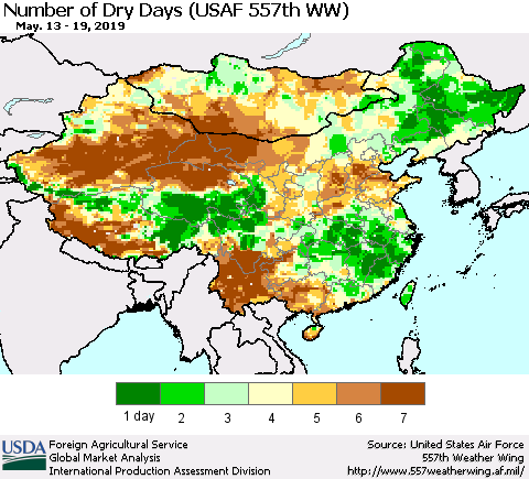 China and Taiwan Number of Dry Days (USAF 557th WW) Thematic Map For 5/13/2019 - 5/19/2019