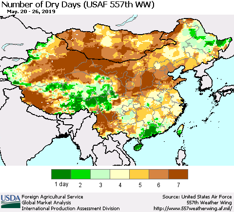 China and Taiwan Number of Dry Days (USAF 557th WW) Thematic Map For 5/20/2019 - 5/26/2019