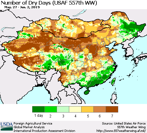 China and Taiwan Number of Dry Days (USAF 557th WW) Thematic Map For 5/27/2019 - 6/2/2019