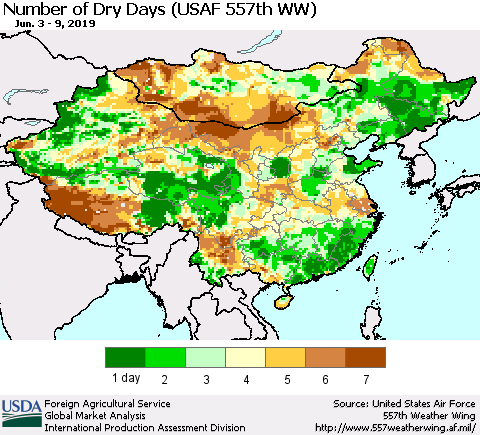 China and Taiwan Number of Dry Days (USAF 557th WW) Thematic Map For 6/3/2019 - 6/9/2019