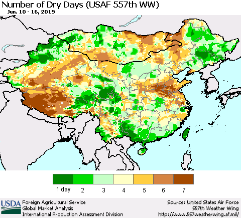 China and Taiwan Number of Dry Days (USAF 557th WW) Thematic Map For 6/10/2019 - 6/16/2019