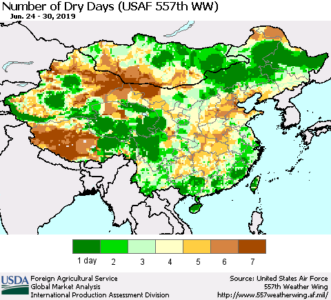 China and Taiwan Number of Dry Days (USAF 557th WW) Thematic Map For 6/24/2019 - 6/30/2019