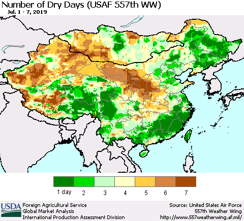 China and Taiwan Number of Dry Days (USAF 557th WW) Thematic Map For 7/1/2019 - 7/7/2019