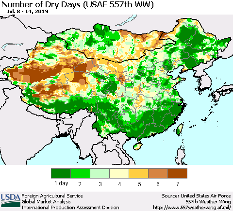 China and Taiwan Number of Dry Days (USAF 557th WW) Thematic Map For 7/8/2019 - 7/14/2019