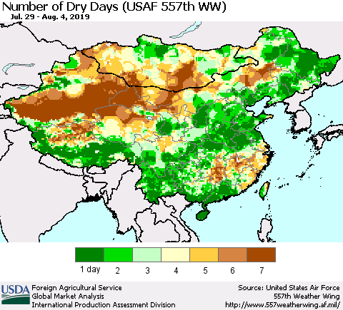China and Taiwan Number of Dry Days (USAF 557th WW) Thematic Map For 7/29/2019 - 8/4/2019
