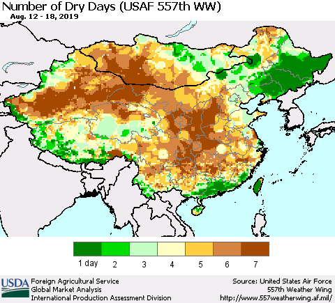 China and Taiwan Number of Dry Days (USAF 557th WW) Thematic Map For 8/12/2019 - 8/18/2019