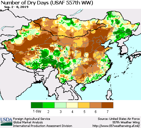 China and Taiwan Number of Dry Days (USAF 557th WW) Thematic Map For 9/2/2019 - 9/8/2019