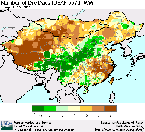 China and Taiwan Number of Dry Days (USAF 557th WW) Thematic Map For 9/9/2019 - 9/15/2019