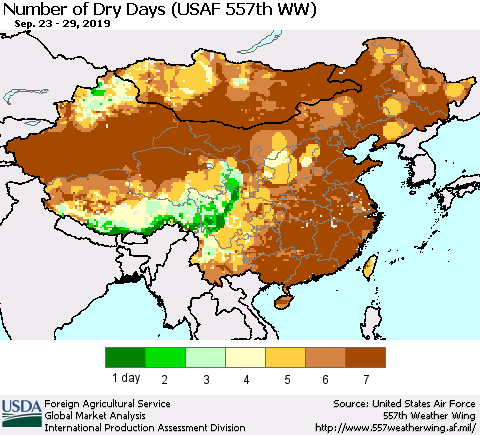 China and Taiwan Number of Dry Days (USAF 557th WW) Thematic Map For 9/23/2019 - 9/29/2019