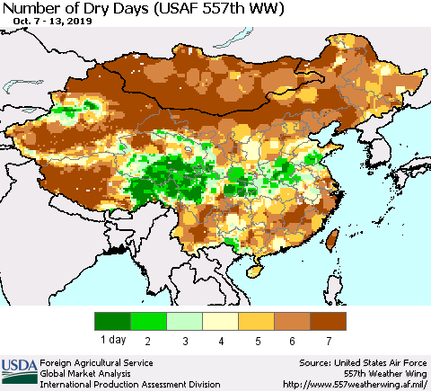 China and Taiwan Number of Dry Days (USAF 557th WW) Thematic Map For 10/7/2019 - 10/13/2019