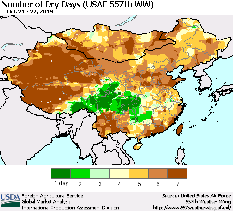 China and Taiwan Number of Dry Days (USAF 557th WW) Thematic Map For 10/21/2019 - 10/27/2019