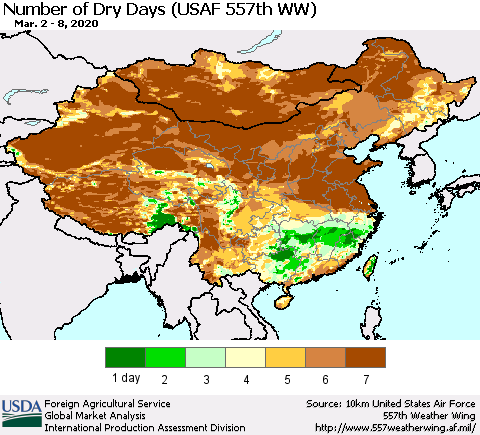 China and Taiwan Number of Dry Days (USAF 557th WW) Thematic Map For 3/2/2020 - 3/8/2020