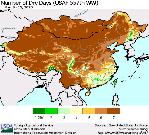 China and Taiwan Number of Dry Days (USAF 557th WW) Thematic Map For 3/9/2020 - 3/15/2020