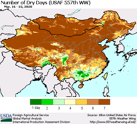 China and Taiwan Number of Dry Days (USAF 557th WW) Thematic Map For 3/16/2020 - 3/22/2020