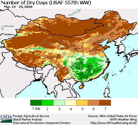 China and Taiwan Number of Dry Days (USAF 557th WW) Thematic Map For 3/23/2020 - 3/29/2020